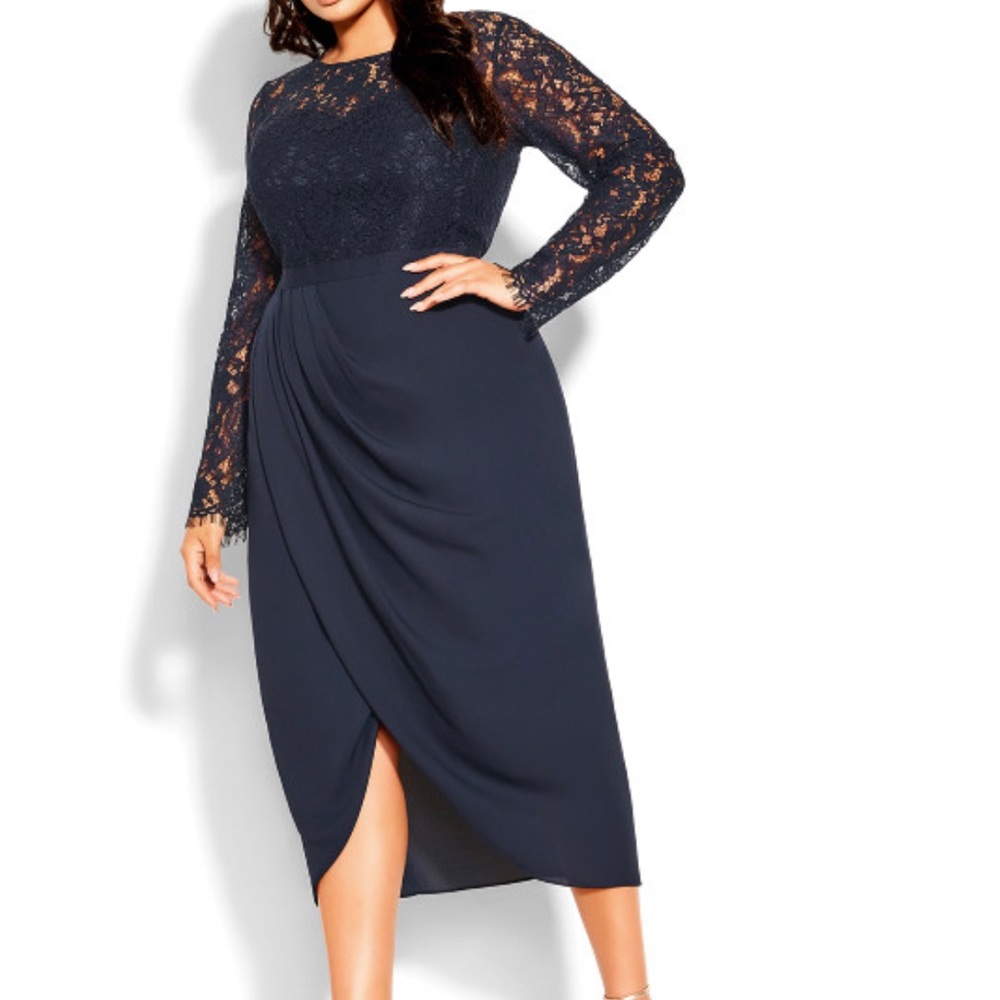 City Chic Navy Sheer Lace Bodice Midi Dress